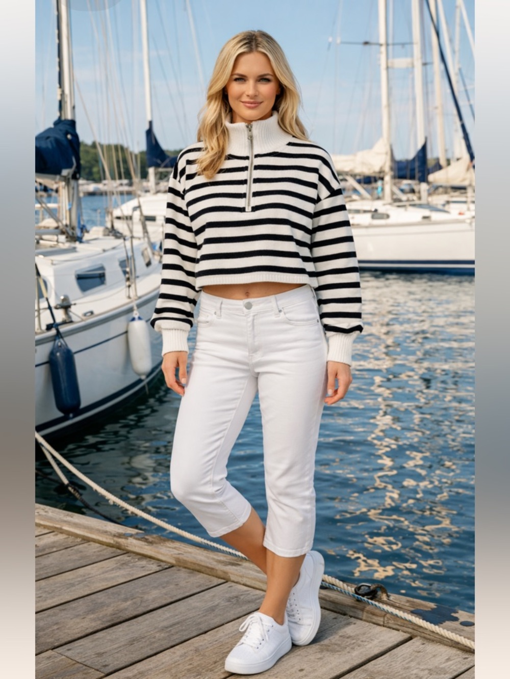 C&C California Women's Cropped Striped Half-Zip Small Pullover Top